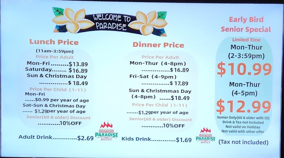 Printed buffet menu with lunch and dinner sections