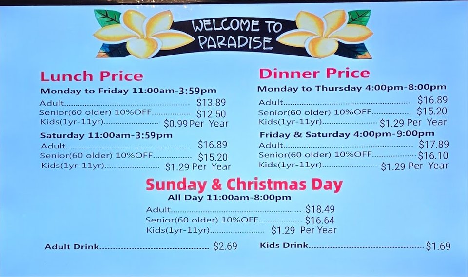 Menu board listing buffet times and specials